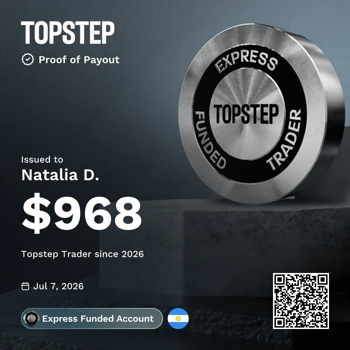 Comprobante de retiro de un alumno en Topstep