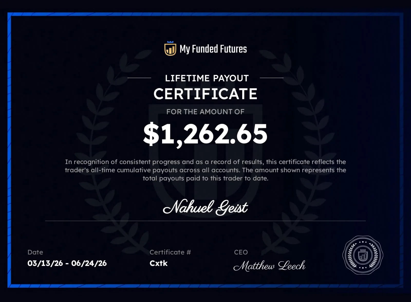 Certificado de retiro en My Funded Futures